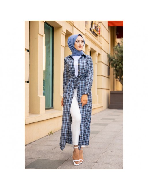Robe-Chemise boutonnée écossaise longue avec ceinture assortie pour femme (Vetement Modest Fashion) - Couleur bleu clair Robe-Chemise boutonnée écossaise longue avec ceinture assortie pour femme (Vetement Modest Fashion) - Couleur bleu clair