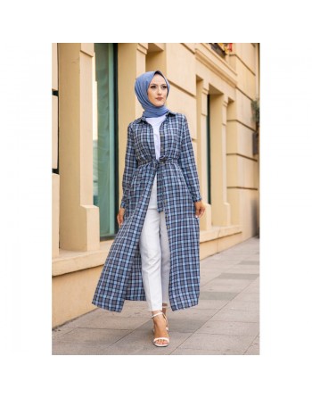 Robe-Chemise boutonnée écossaise longue avec ceinture assortie pour femme (Vetement Modest Fashion) - Couleur bleu clair 