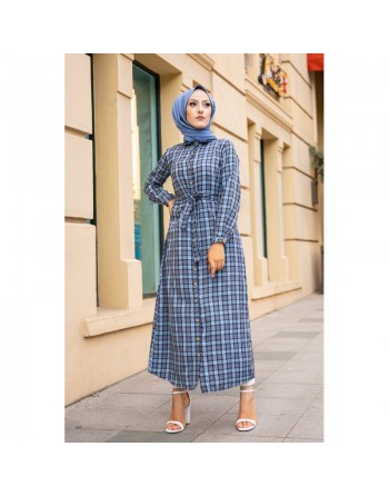 Robe-Chemise boutonnée écossaise longue avec ceinture assortie pour femme (Vetement Modest Fashion) - Couleur bleu clair 