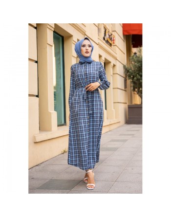 Robe-Chemise boutonnée écossaise longue avec ceinture assortie pour femme (Vetement Modest Fashion) - Couleur bleu clair 