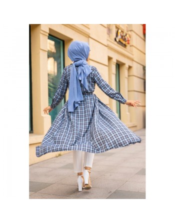 Robe-Chemise boutonnée écossaise longue avec ceinture assortie pour femme (Vetement Modest Fashion) - Couleur bleu clair 