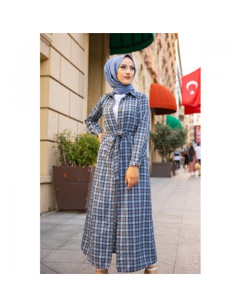 Robe-Chemise boutonnée écossaise longue avec ceinture assortie pour femme (Vetement Modest Fashion) - Couleur bleu clair 