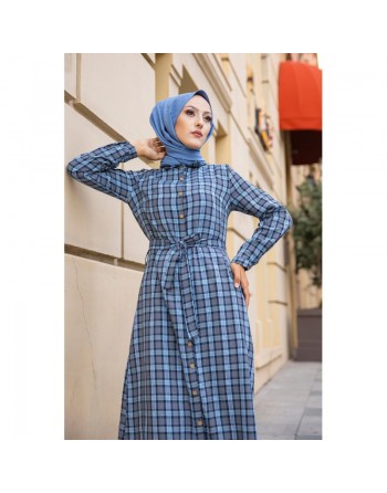 Robe-Chemise boutonnée écossaise longue avec ceinture assortie pour femme (Vetement Modest Fashion) - Couleur bleu clair 