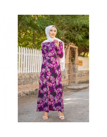 Robe longue fleurie coupe évasée pour femme (Mode Musulmane) - Couleur violet 