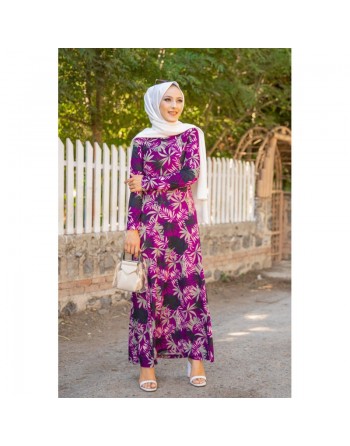Robe longue fleurie coupe évasée pour femme (Mode Musulmane) - Couleur violet 