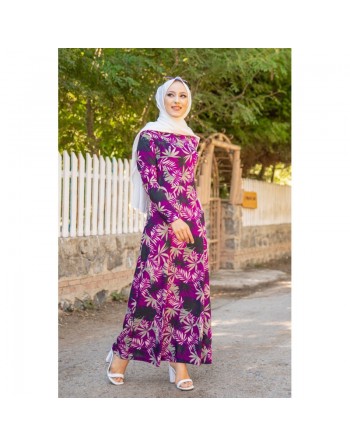 Robe longue fleurie coupe évasée pour femme (Mode Musulmane) - Couleur violet 
