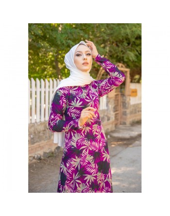 Robe longue fleurie coupe évasée pour femme (Mode Musulmane) - Couleur violet 