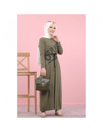 Robe longue décontractée imprimée "Game Over" pour femme (Vêtement hijab pas cher) - Couleur kaki 