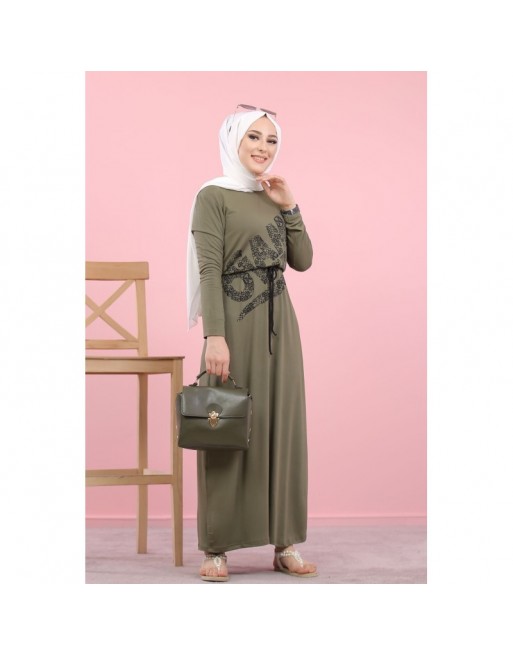 Robe longue décontractée imprimée "Game Over" pour femme (Vêtement hijab pas cher) - Couleur kaki Robe longue décontractée imprimée "Game Over" pour femme (Vêtement hijab pas cher) - Couleur kaki