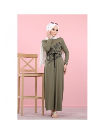 Robe longue décontractée imprimée "Game Over" pour femme (Vêtement hijab pas cher) - Couleur kaki 