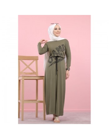 Robe longue décontractée imprimée "Game Over" pour femme (Vêtement hijab pas cher) - Couleur kaki 