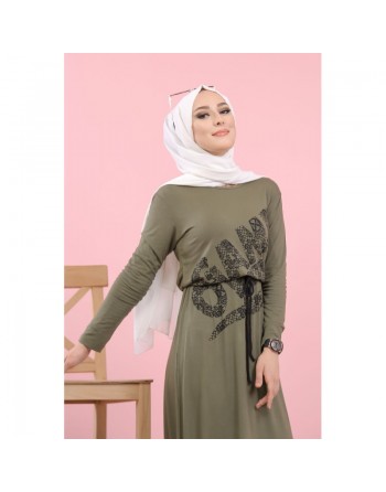 Robe longue décontractée imprimée "Game Over" pour femme (Vêtement hijab pas cher) - Couleur kaki 