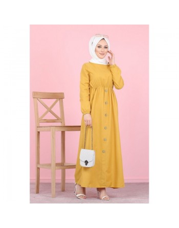 Robe longue boutonnée (Vetement mastour pour femme voilée) - Couleur jaune moutarde 