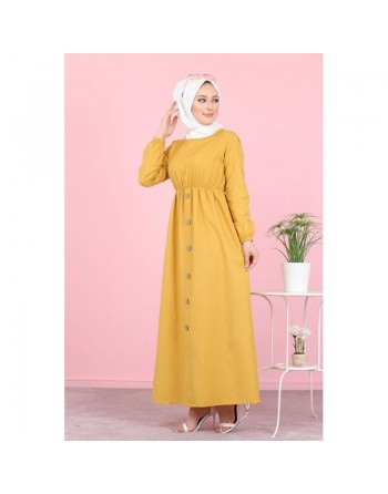 Robe longue boutonnée (Vetement mastour pour femme voilée) - Couleur jaune moutarde 