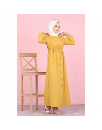 Robe longue boutonnée (Vetement mastour pour femme voilée) - Couleur jaune moutarde 