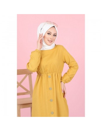 Robe longue boutonnée (Vetement mastour pour femme voilée) - Couleur jaune moutarde 
