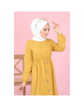 Robe longue boutonnée (Vetement mastour pour femme voilée) - Couleur jaune moutarde 
