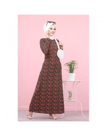 Robe longue à fleurs (Mode Pudique) pour femme - Couleur Kaki 