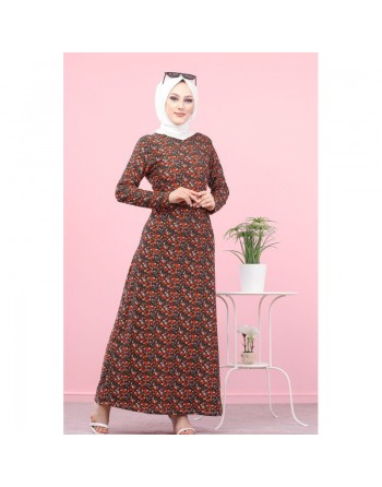 Robe longue à fleurs (Mode Pudique) pour femme - Couleur Kaki 