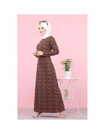 Robe longue à fleurs (Mode Pudique) pour femme - Couleur Kaki 