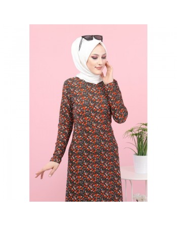 Robe longue à fleurs (Mode Pudique) pour femme - Couleur Kaki 