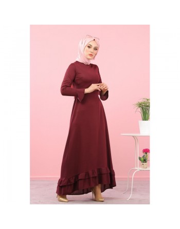 Robe maxi-longue à volants (Vetement femme voilée) - Couleur Grenat 