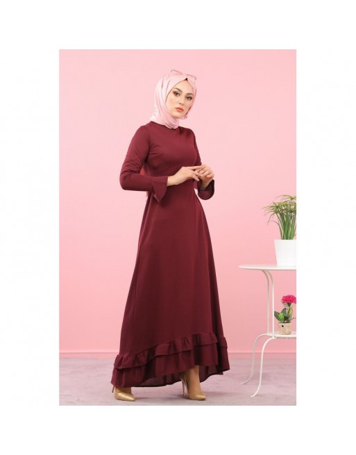 Robe maxi-longue à volants (Vetement femme voilée) - Couleur Grenat Robe maxi-longue à volants (Vetement femme voilée) - Couleur Grenat