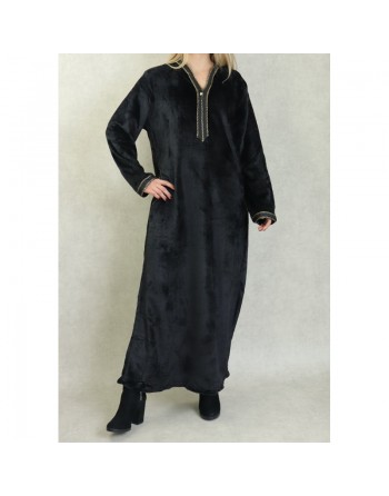 Djellaba maille polaire à capuche pour femme (Saison Automne-Hiver) - Couleur Noir 