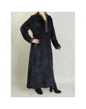 Djellaba maille polaire à capuche pour femme (Saison Automne-Hiver) - Couleur Noir 