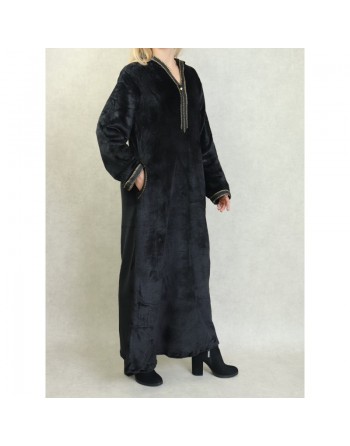 Djellaba maille polaire à capuche pour femme (Saison Automne-Hiver) - Couleur Noir 