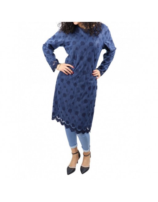 Robe-Tunique doublée rose avec dentelle et motifs floraux - Couleur bleu marine Robe-Tunique doublée rose avec dentelle et motifs floraux - Couleur bleu marine