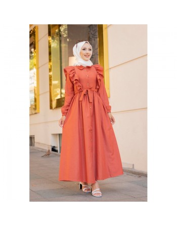 Robe longue boutonnée à froufrou (Vetement pour femme voilée) - Couleur Rouille 
