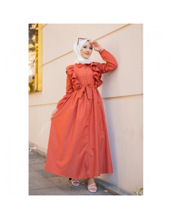 Robe longue boutonnée à froufrou (Vetement pour femme voilée) - Couleur Rouille 