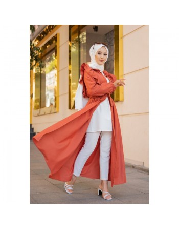 Robe longue boutonnée à froufrou (Vetement pour femme voilée) - Couleur Rouille 