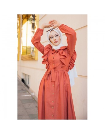 Robe longue boutonnée à froufrou (Vetement pour femme voilée) - Couleur Rouille 
