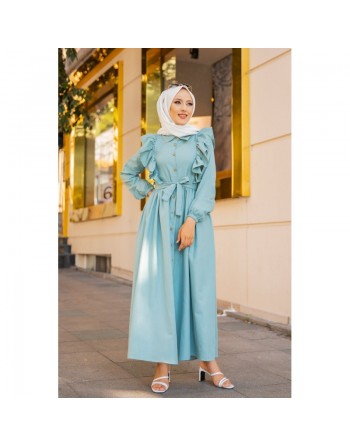 Robe longue boutonnée à froufrou (Tenue Hijab à la mode pour femme voilée) - Couleur Menthe 