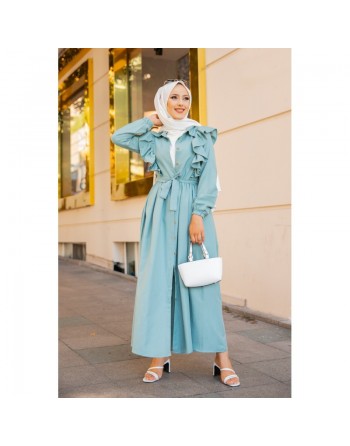 Robe longue boutonnée à froufrou (Tenue Hijab à la mode pour femme voilée) - Couleur Menthe 