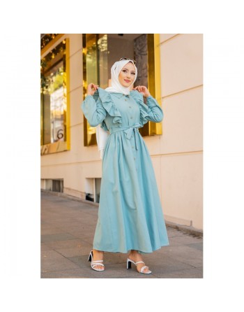Robe longue boutonnée à froufrou (Tenue Hijab à la mode pour femme voilée) - Couleur Menthe 