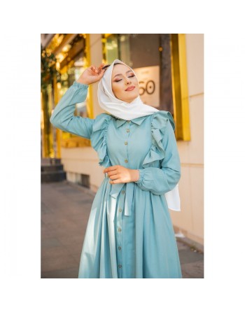 Robe longue boutonnée à froufrou (Tenue Hijab à la mode pour femme voilée) - Couleur Menthe 