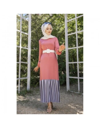 Robe longue bi-matière fluide pour femme (Vetement-Hijab moderne) - Couleur rose 