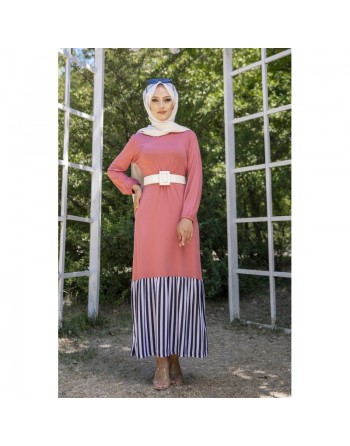 Robe longue bi-matière fluide pour femme (Vetement-Hijab moderne) - Couleur rose 