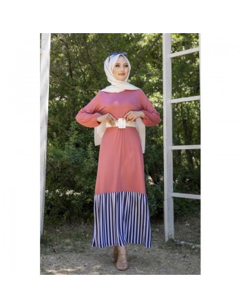 Robe longue bi-matière fluide pour femme (Vetement-Hijab moderne) - Couleur rose 
