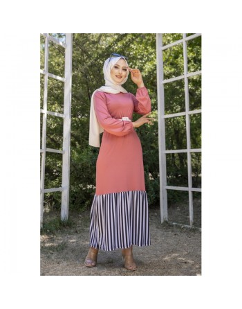 Robe longue bi-matière fluide pour femme (Vetement-Hijab moderne) - Couleur rose 