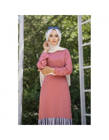 Robe longue bi-matière fluide pour femme (Vetement-Hijab moderne) - Couleur rose 
