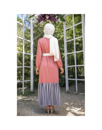 Robe longue bi-matière fluide pour femme (Vetement-Hijab moderne) - Couleur rose 