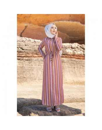 Robe chemise très longue à rayures (Vetement femme voilée chic) - Couleur bordeaux, rouille et blanc 