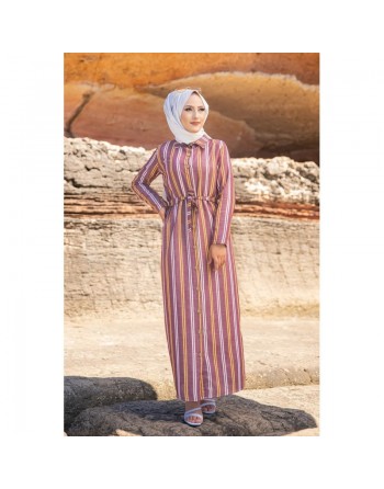 Robe chemise très longue à rayures (Vetement femme voilée chic) - Couleur bordeaux, rouille et blanc 