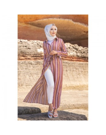 Robe chemise très longue à rayures (Vetement femme voilée chic) - Couleur bordeaux, rouille et blanc 