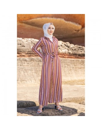 Robe chemise très longue à rayures (Vetement femme voilée chic) - Couleur bordeaux, rouille et blanc 