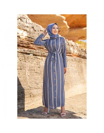 Robe chemise très longue à rayures (Vetement chic pour femme musulmane) - Couleur gris, bleu et blanc 